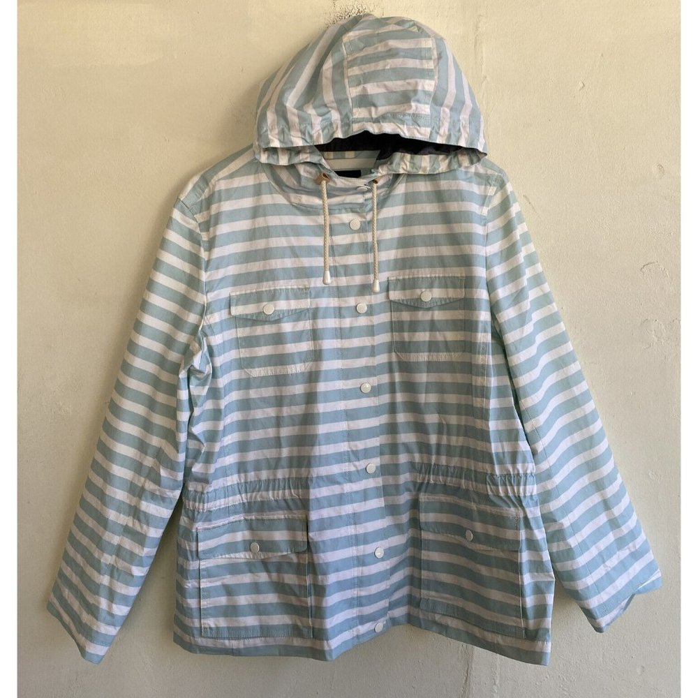 Talbots Light Blue and White Striped Hooded Rain Jacket